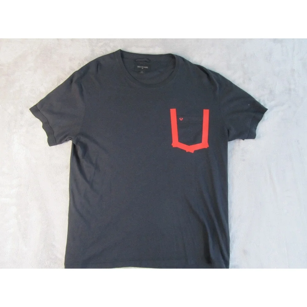 True Religion Mens Charcoal Gray Red Horseshoe Graphic Pocket T-Shirt Size L